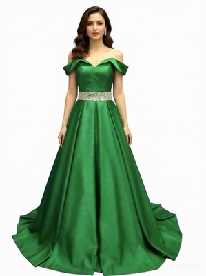 Green Beaded Belt Satin Green Long Prom Dress Wedding Pageant Gown Size 0 |  eBay