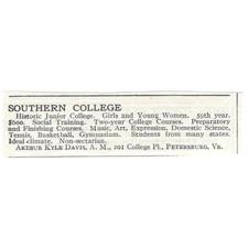 Southern College Petersburg VA Arthur Kyle Davis, A.M. c1920 Harper’s Ad AG4-S1