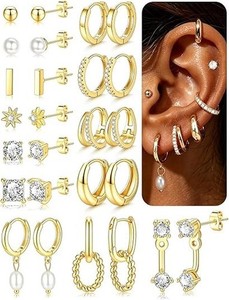 Authentic 13 Pairs Gold Earrings Set for Women, Hypoallergenic 14K Gold Plated Stud