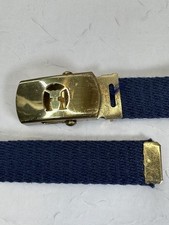 Vtg 80's Etienne Aigner Navy Blue Canvas Belt-Gold Horseshoe Buckle Logo 32"