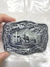 Silver gray Western COWBOY HORSE AT CROSS RELIGIOUS faith BELT BUCKLE