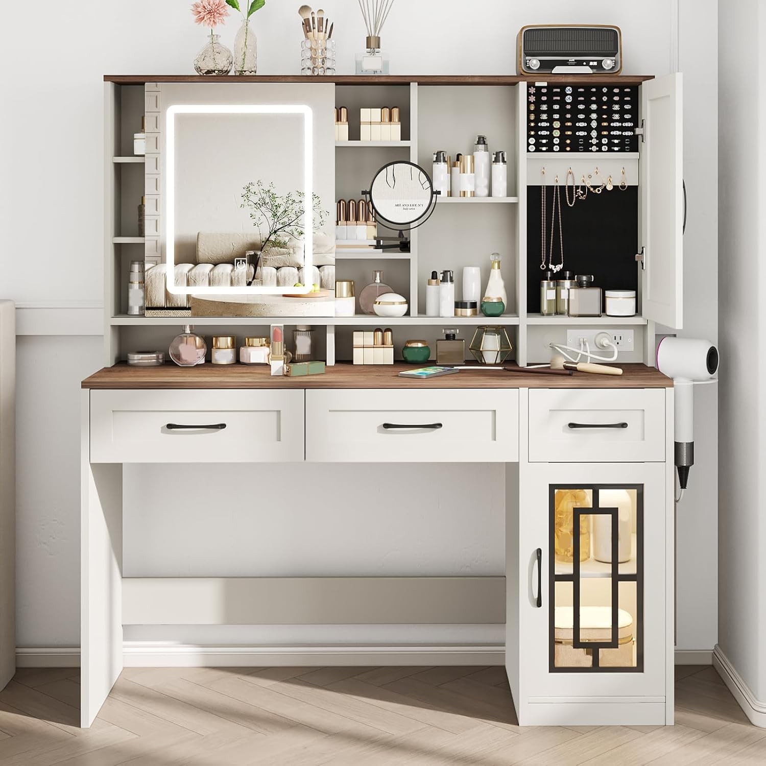 Vanity Desk with LED Mirror Makeup Table Jewelry Storage Drawers