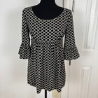 Studio M Black & White Geometric Print Babydoll Y2K Mini Dress Bell Sleeve Sz M