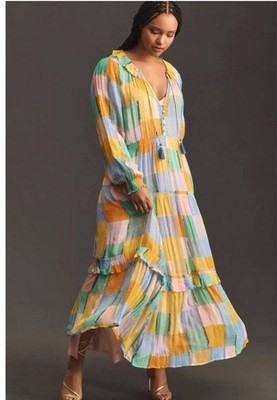 Anthropologie The Marais Printed Chiffon Maxi Dress Medium pink green patchwork
