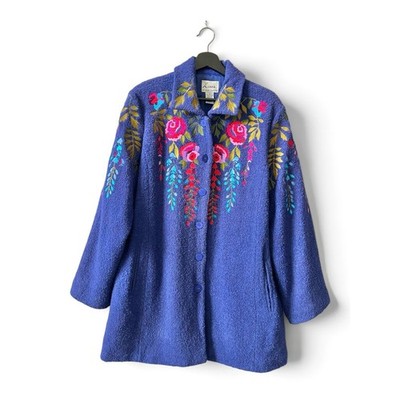 Linea Louis Dell Olio Floral Embroidered Button Front Boucle Coat Size 1X Blue