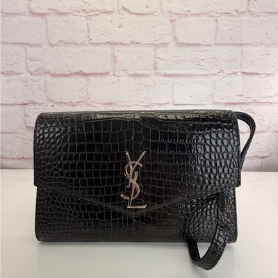 Saint Laurent Cassandra Black Croc-Embossed Envelope Wallet