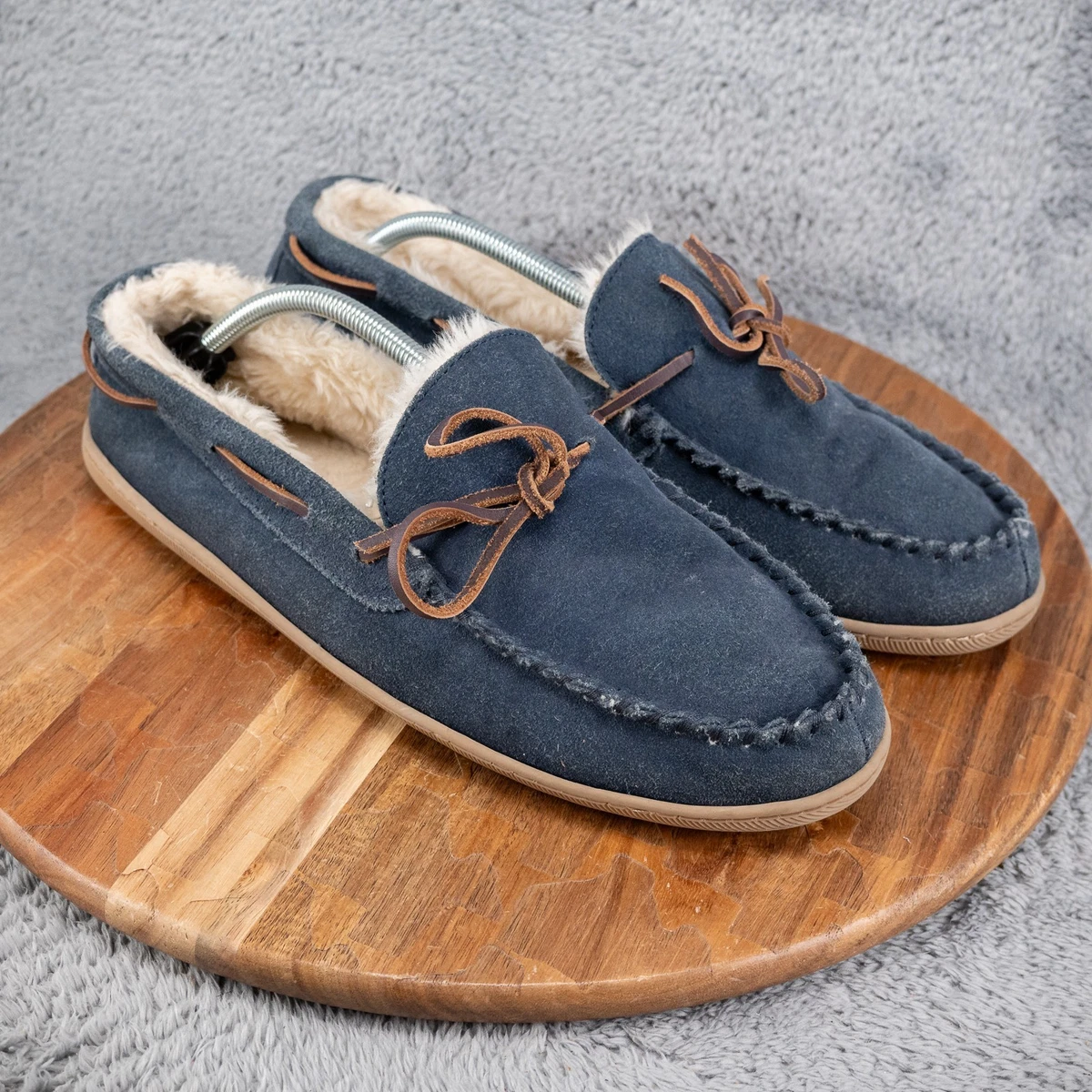 J Crew Mens Sherpa Lined Suede Fuzzy Moccasin Slippers Leather Blue Brown 12 J.Crew Men main image 2