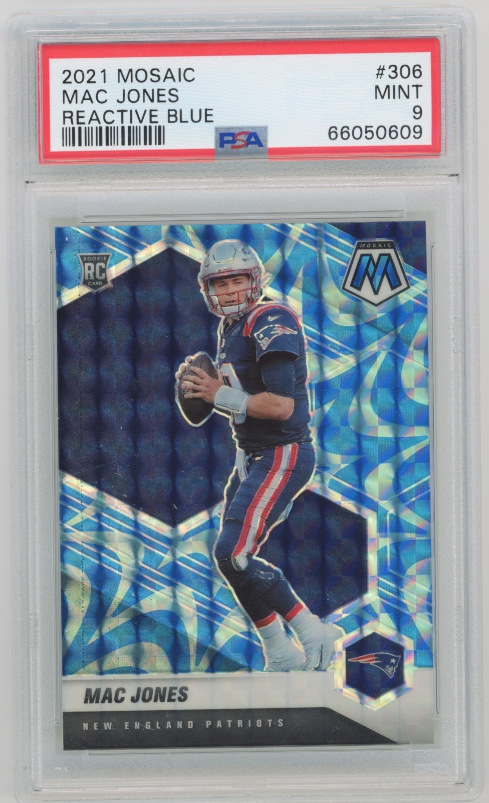 MAC JONES 2021 PANINI MOSAIC ROOKIE REACTIVE BLUE PRIZM #306 PSA 9 MINT RC