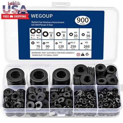#ad 900 Piece Nylon Flat Washer Assortment Kit Black Plastic Flat Washers for Bolts $11.93