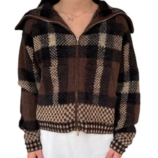 Brown Plaid Knit Zipper Jacket -224MS