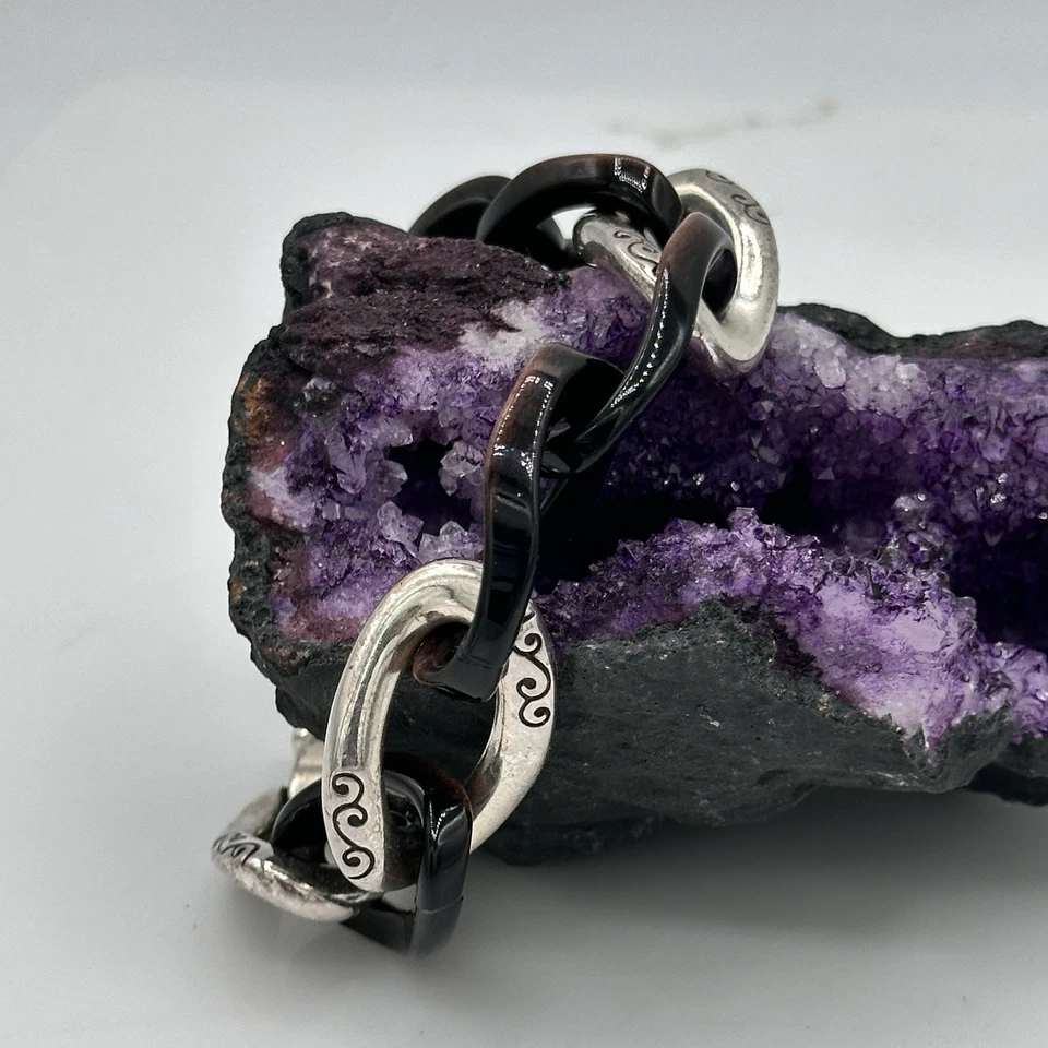 Pulseira Brighton Liaison prata pergaminho com elos preto e marrom caixa robusta - Imagem 3 de 4