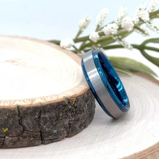 6mm High Polished Blue Tungsten Ring Silver Brushed Finish Christmas Gifts Band