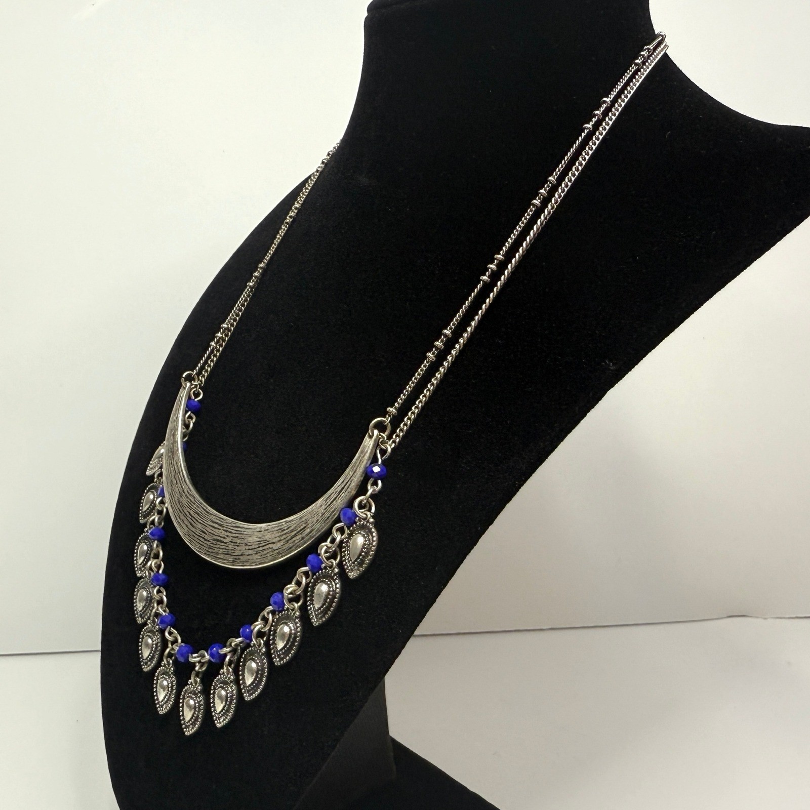 Crescent Charm Statement Bib Necklace Silver Tone… - image 4