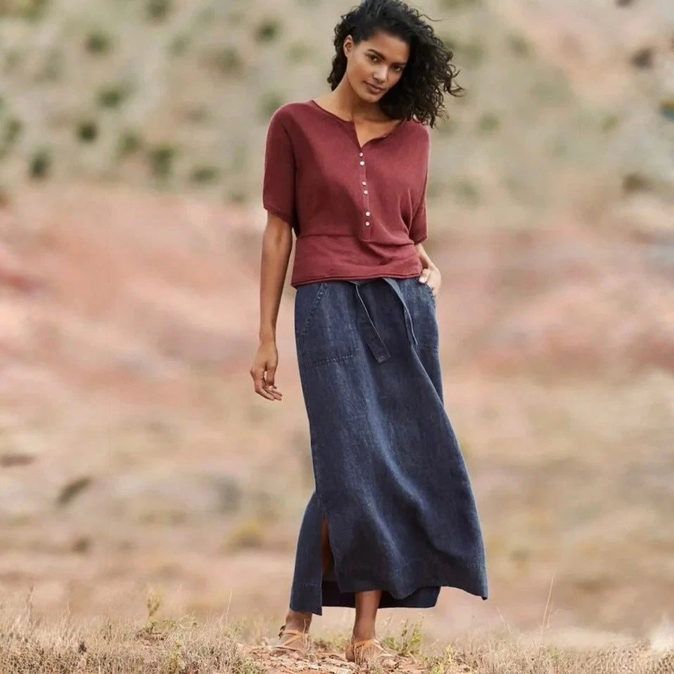 Poetry Indigo-Dyed Linen Twill Maxi Skirt Tie Belt Side Slits 100% UK16 US12