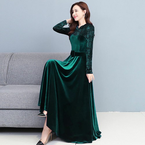 Womens Velvet Long Sleeves High Waist Maxi Dress Slim Belt Cheongsam Ball Gown - Picture 20 of 23
