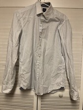 Hugo Boss Dress Shirt Long Sleeve Button Med White Lt Blue Squares Regular Fit