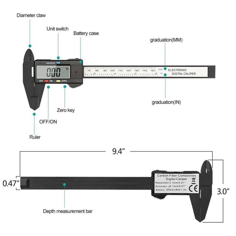 Digitaler Messschieber 0 - 150 mm Schieblehre Messlehre mit LCD Display Batterie - Bild 3 von 4