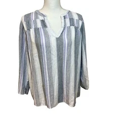 SPLENDID Linen Striped V-Neck Tunic Top Sz L White Boxy Summer Loose Fit Casual