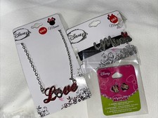 Set 3 Minnie Mouse Disney Love Necklace Silver Bracelet Earrings