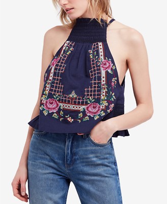 Free People'' Honey Pie'' embroidered cotton top blouse Navy Blue Medium NEW w/tag
