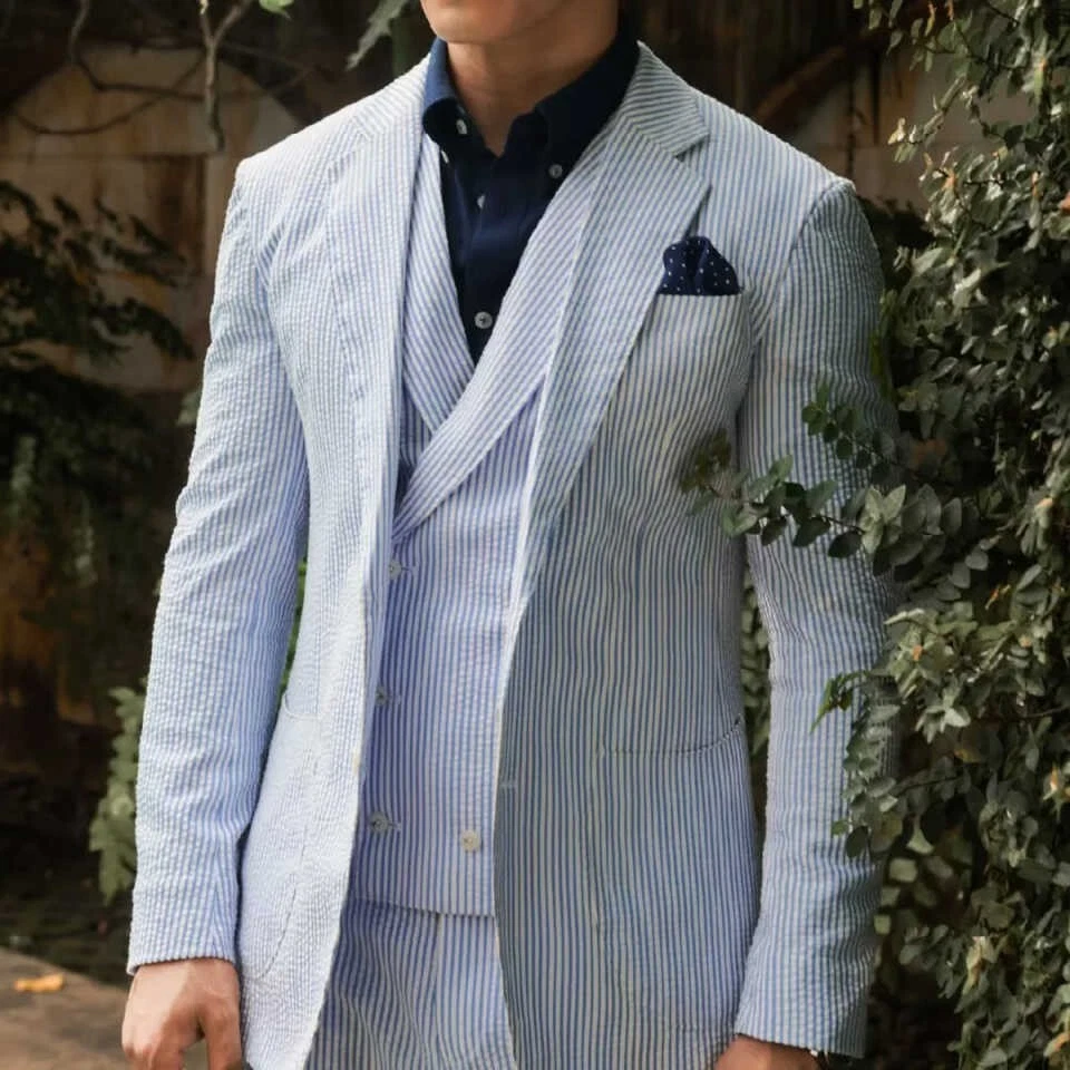 Men's Spring Suit Single Breasted Notch Lapel Striped Pattern Business Wedding - Image 2 of 4