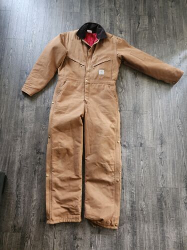 Carhartt Coveralls Men 38R Brown Zip Snaps Quilted Lined Cotton Utility USA VTG - Picture 1 of 10