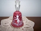 Vtg Fenton Cranberry Glass Pink Bell -Mary Gregory Girl w Spoon -A24