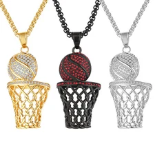 Mens Punk Sports CZ Basketball Pendant Necklace Stainless Steel Hip Hop Jewelry
