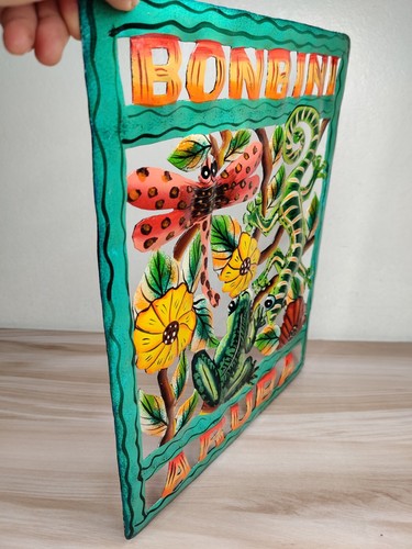 Decorazione parete isola tropicale Tiki 15” vintage metallo dipinto colorato taglio a mano - Foto 5 di 9