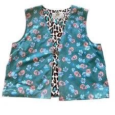 VTG Mario Vittorio Floral Print Leather Vest Leopard Lined Large