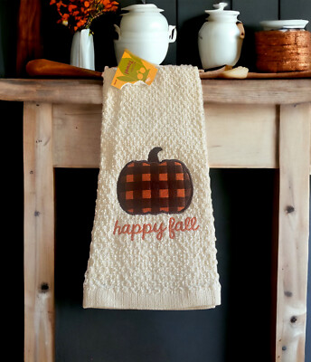 Kitchen Towel Happy Fall Buffalo Check Pumpkin Autumn 100% Cotton Textured Cream