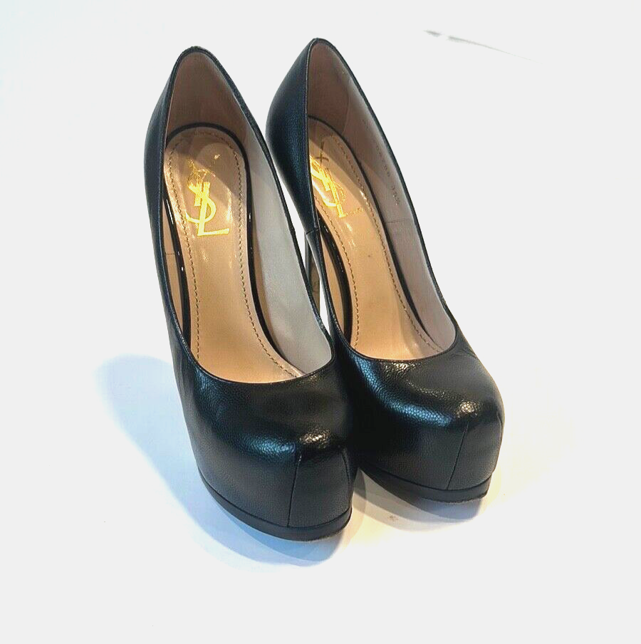$895 YVES SAINT LAURENT RIVE GAUCHE TACCHI PLATEAU IN PELLE NERA taglia 39 5