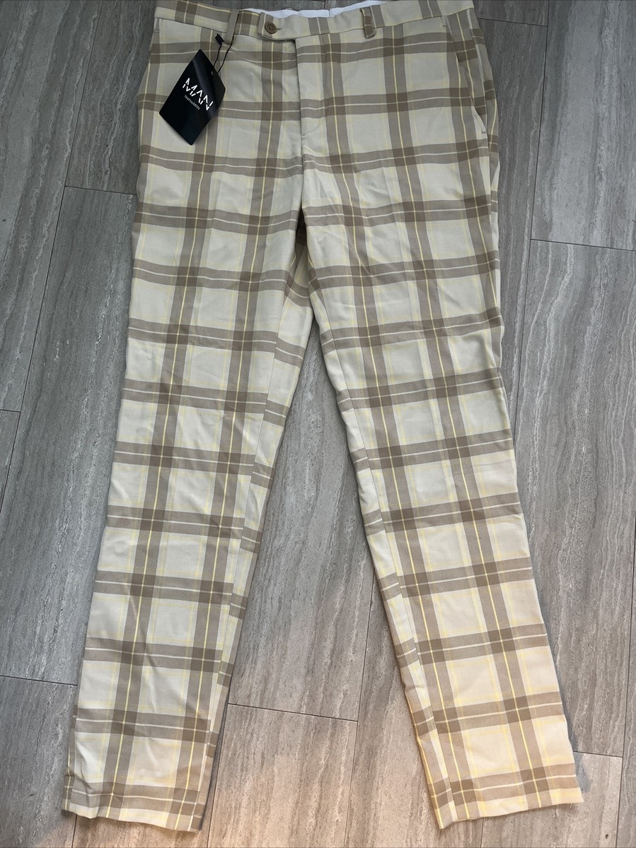 Boohoo 32R Skinny Check Suit Trouser Plaid Pants Tan Yellow New