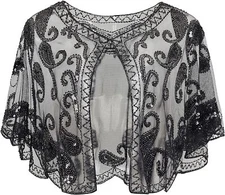 BABEYOND 1920s Shawl Wraps Sequin Beaded Evening Cape Bridal Black 