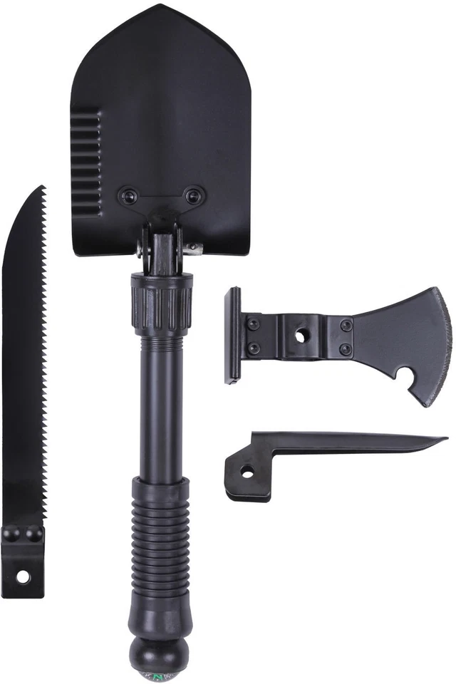 HERRAMIENTA DE CAMPING MULTIUSOS NEGRA 5 EN 1 EMERGENCIA - PALA SIERRA HACHA ESCOGER BRÚJULA Foto 2 de 4