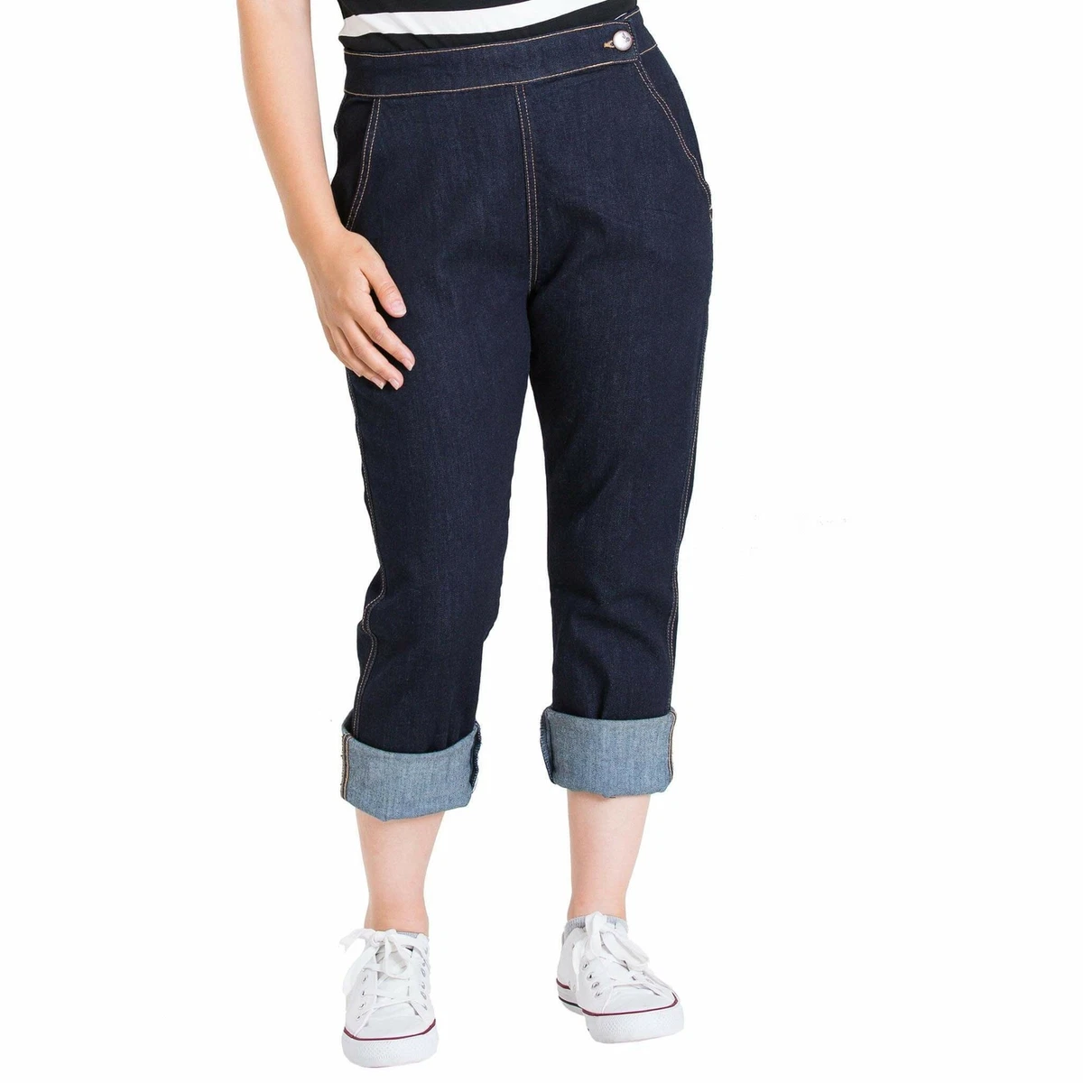 Hell Bunny Charlie Navy Blue Denim Capri Pants Rockabilly Pin Up