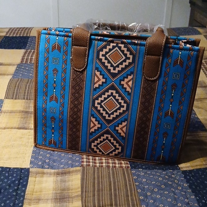 Blue Brown Geometric Tote Bag, Zip Top, Detachable Strap, Wristlet