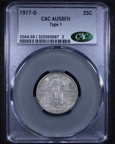 1917-D Standing Liberty Quarter (Type 1) - 25c CACG AU58 FH - Full Head!