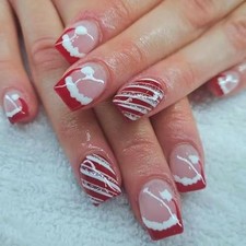Christmas Press on Nails Short Fake Nails Square with Red Santa Hat Stripe A2