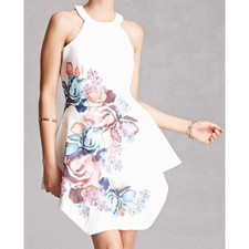NWT Selfie Leslie Women's L White Floral High Neck Mini Dress Party Cocktail