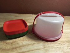 Vintage Tupperware Toys Red Cake Carrier  3 Red and 3 Green Plates