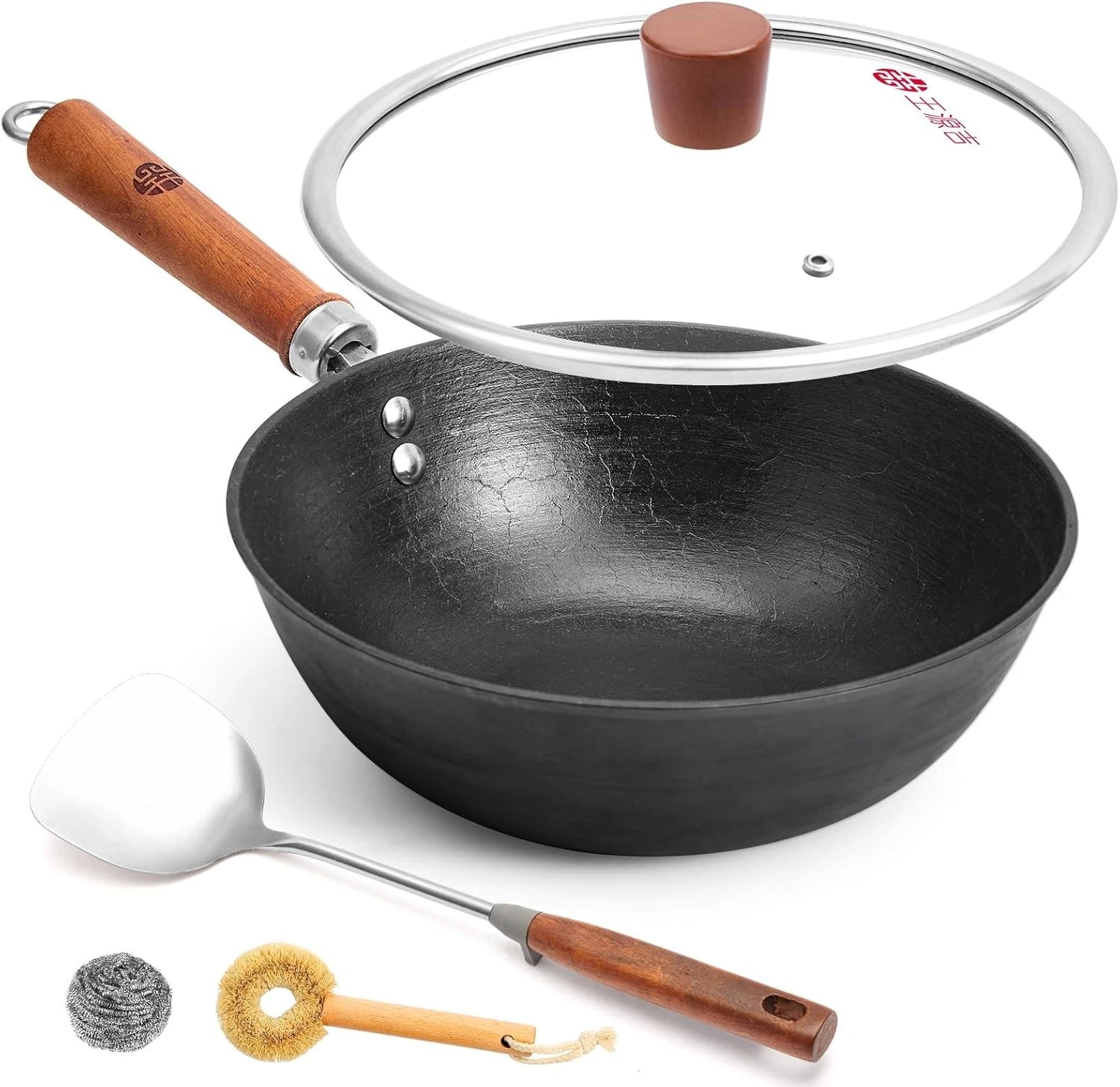 Cast Iron Wok Pan W/ Lid 10.2 Inch Small Flat Bottom Stir Fry Skillet Uncoated