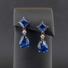 (SO4) 14ct White Gold Lab Created Sapphire & Lab Diamond Drop Earrings 6.6g