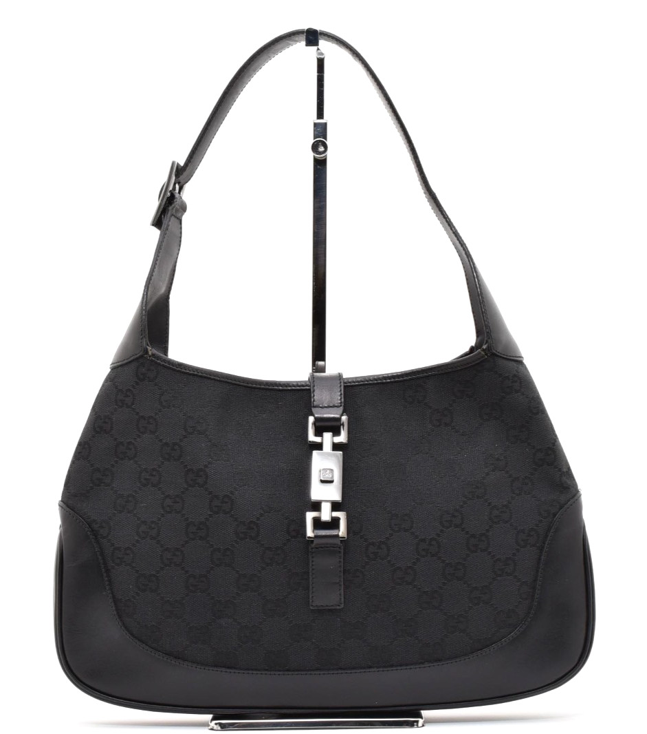 GUCCI Jackie GG Canvas One Shoulder Hobo Bag Purse Black Leather Authentic