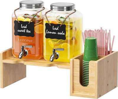 2 Pack 1 Gallon Glass Drink Dispenser with Bamboo Stand, Glass Beverage Dispense