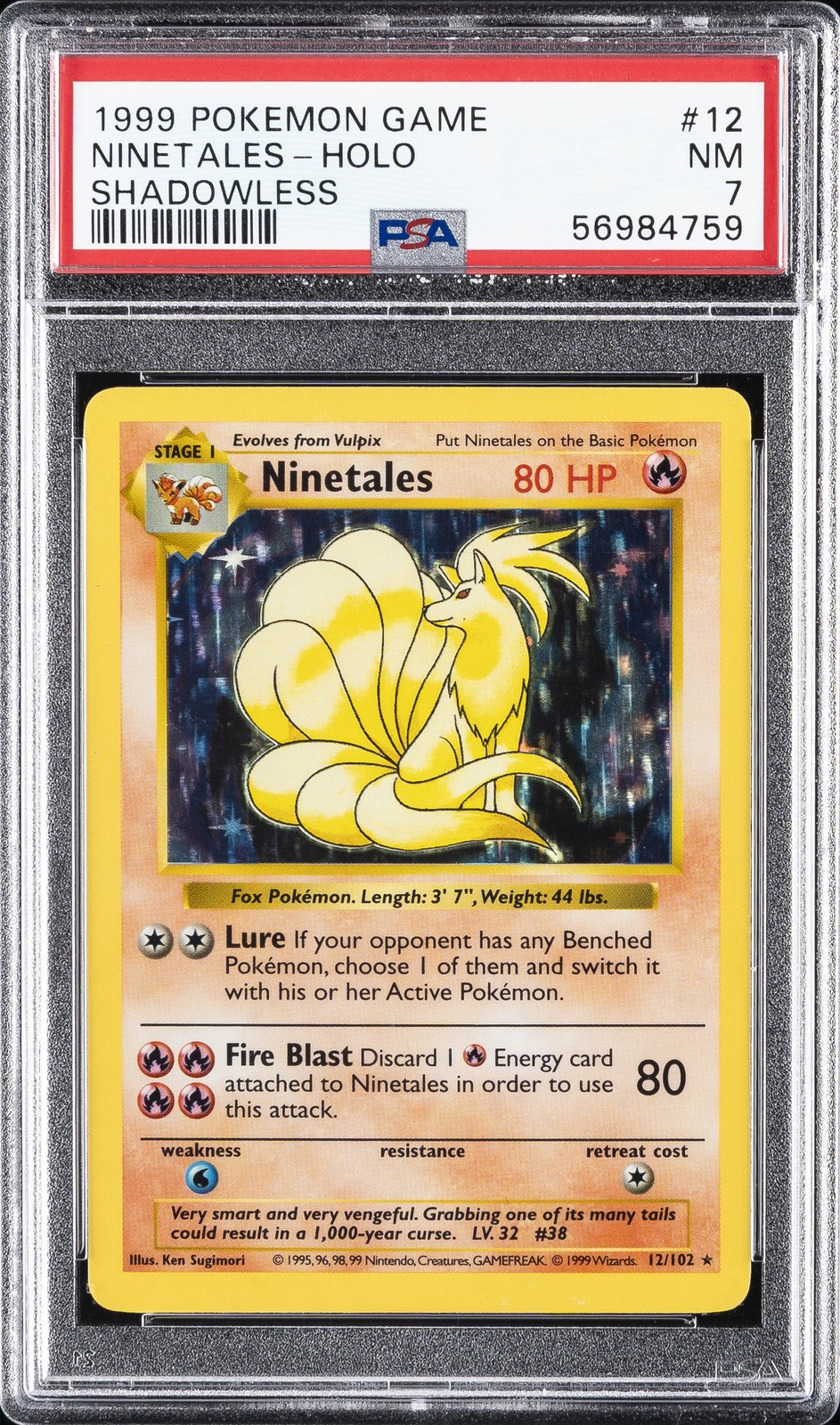 1999 POKEMON BASE SET SHADOWLESS #12 NINETALES-HOLO PSA 7