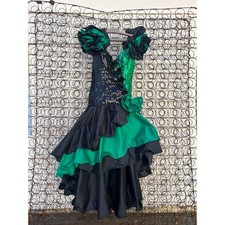 Vintage 80s Alyce Designs Green Black Sequin Ruffle Prom Ball Gown Mardi Gras XS