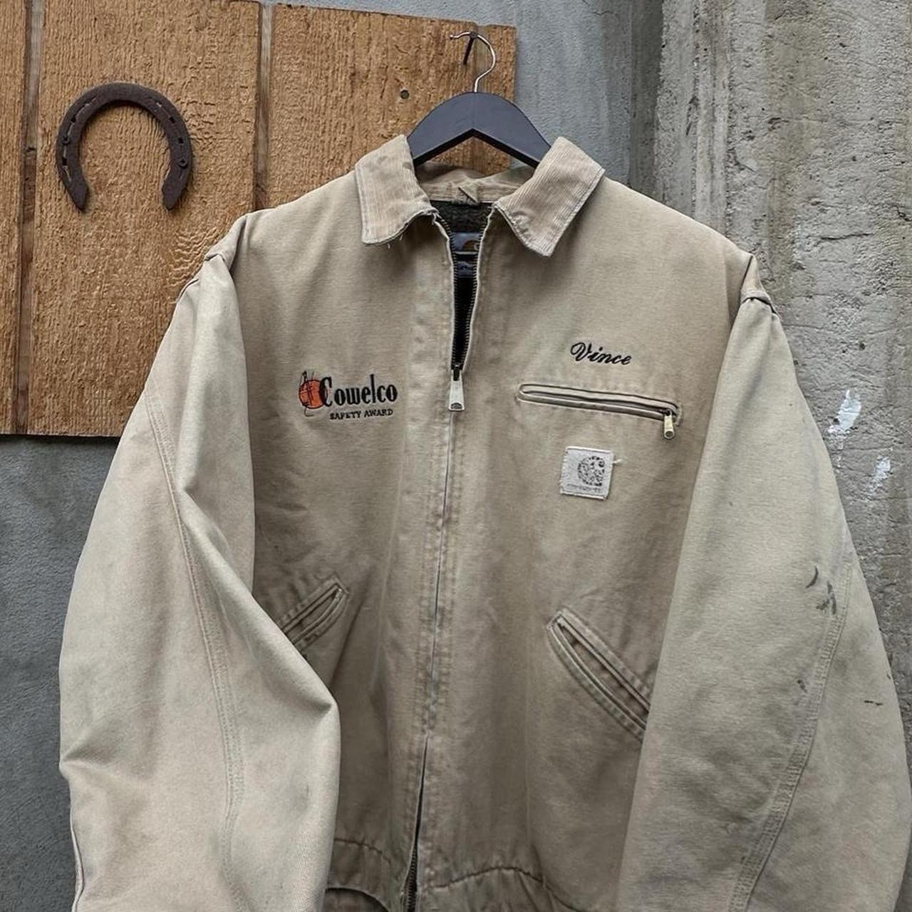 Vintage 90’s Thrashed Carhartt Detroit J43WET Cream Jacket Size XL USA Made image 2