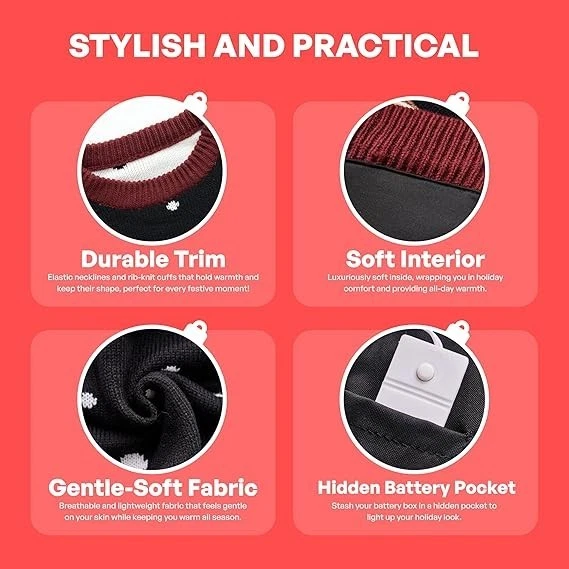 Adult LED Light Up Christmas Ugly Sweater with Light Bulbs, Black Reindeer - Image 4 of 4