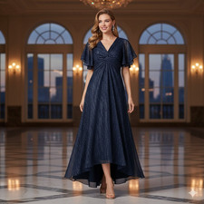 Azazie Mollina A-Line Ruffle Flutter Sleeve Metallic Mesh Dress, Size A26